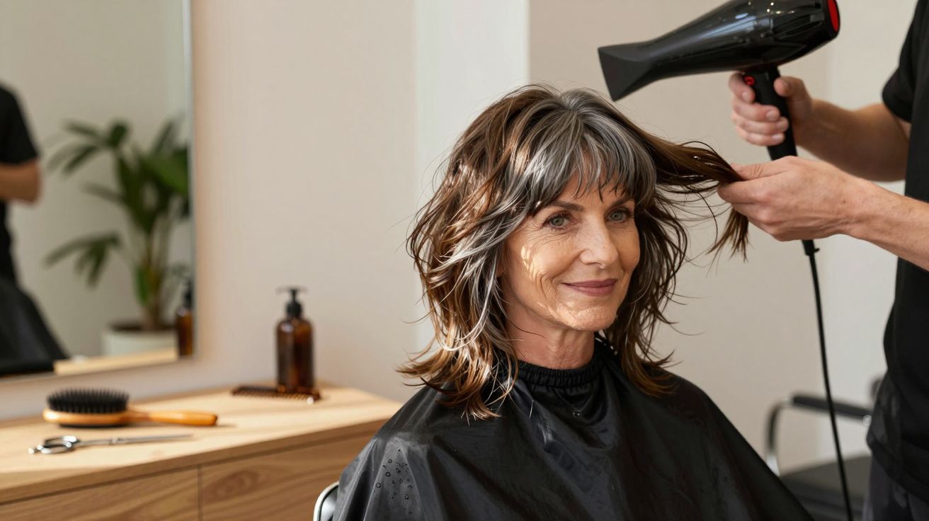 Persoană matură la salon de coafură, părul fiind uscat de un stilist cu un uscător de păr.