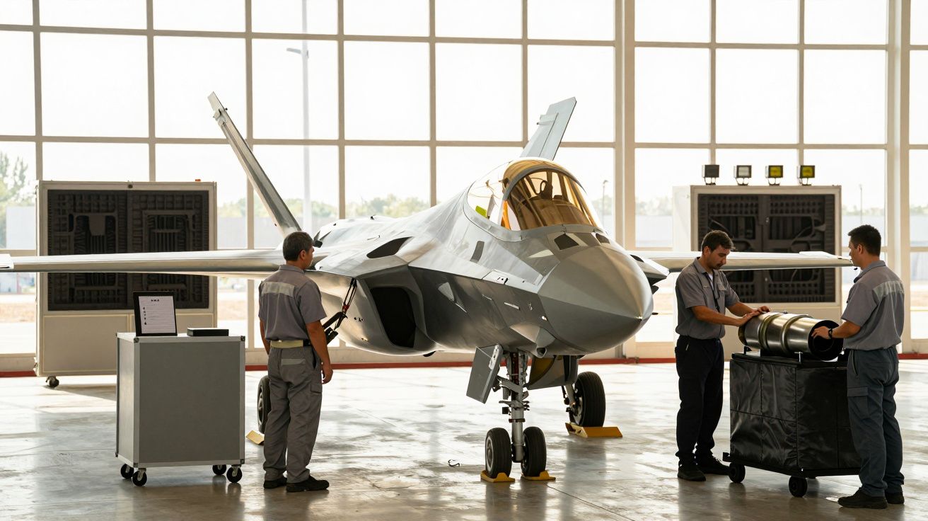 Trei tehnicieni examinând un avion de luptă modern într-un hangar luminat de soare.