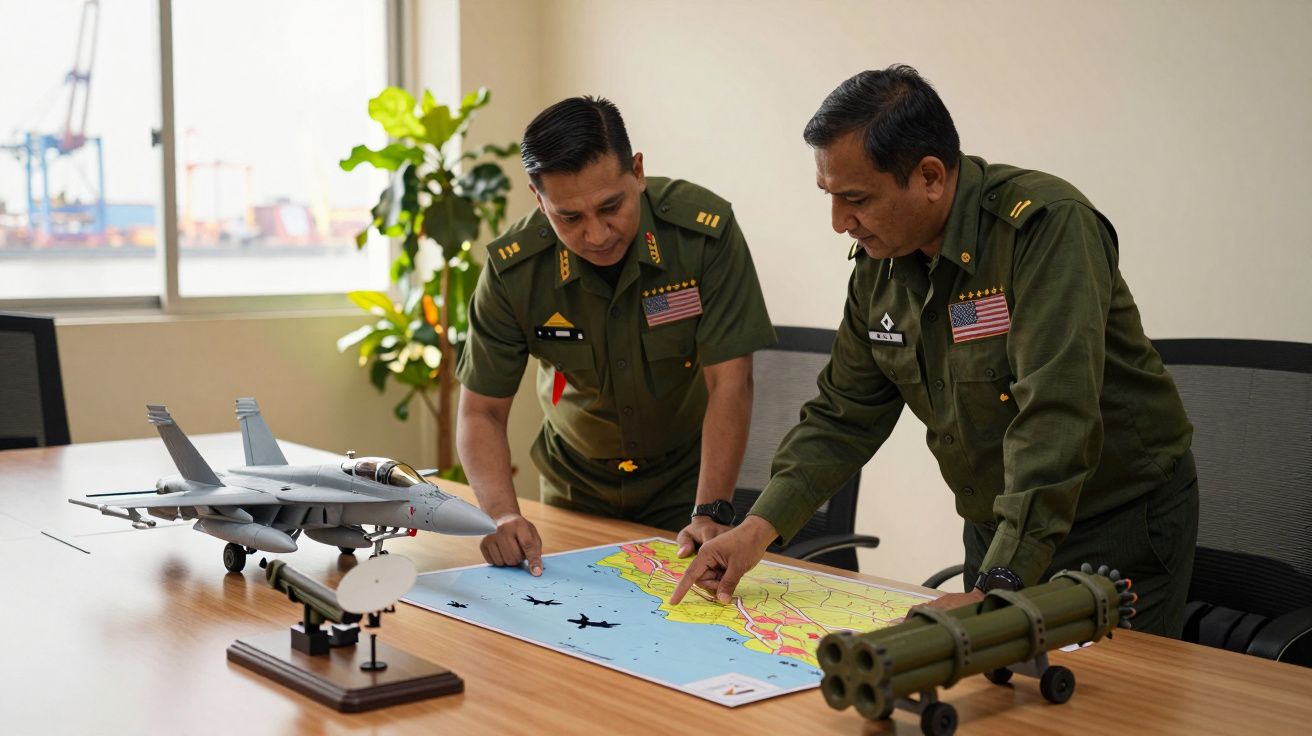 Doi ofițeri militari discută strategii la o masă cu o hartă și un model de avion.