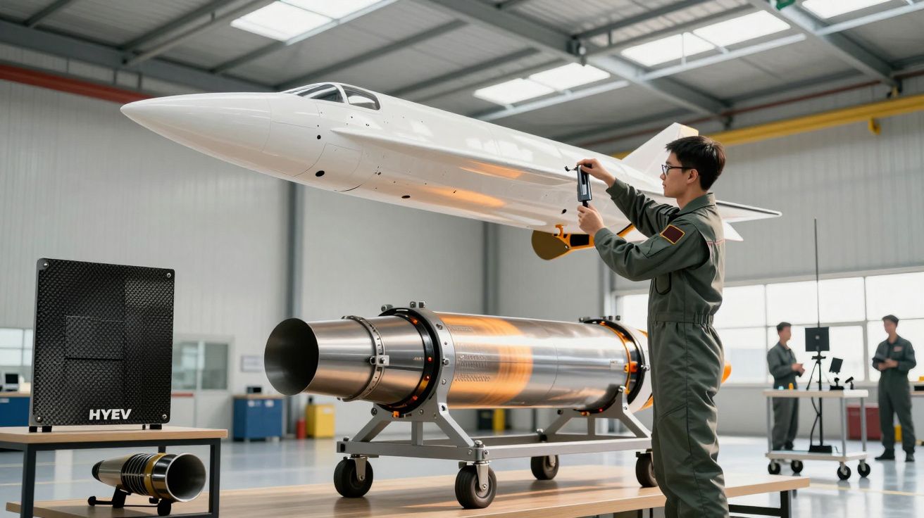 Inginer inspectând un model de avion supersonic într-un hangar, cu un motor expus pe masă.