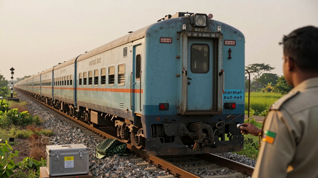 Un tren albastru pe șine, într-un peisaj verde, cu un bărbat în uniformă privind de aproape.