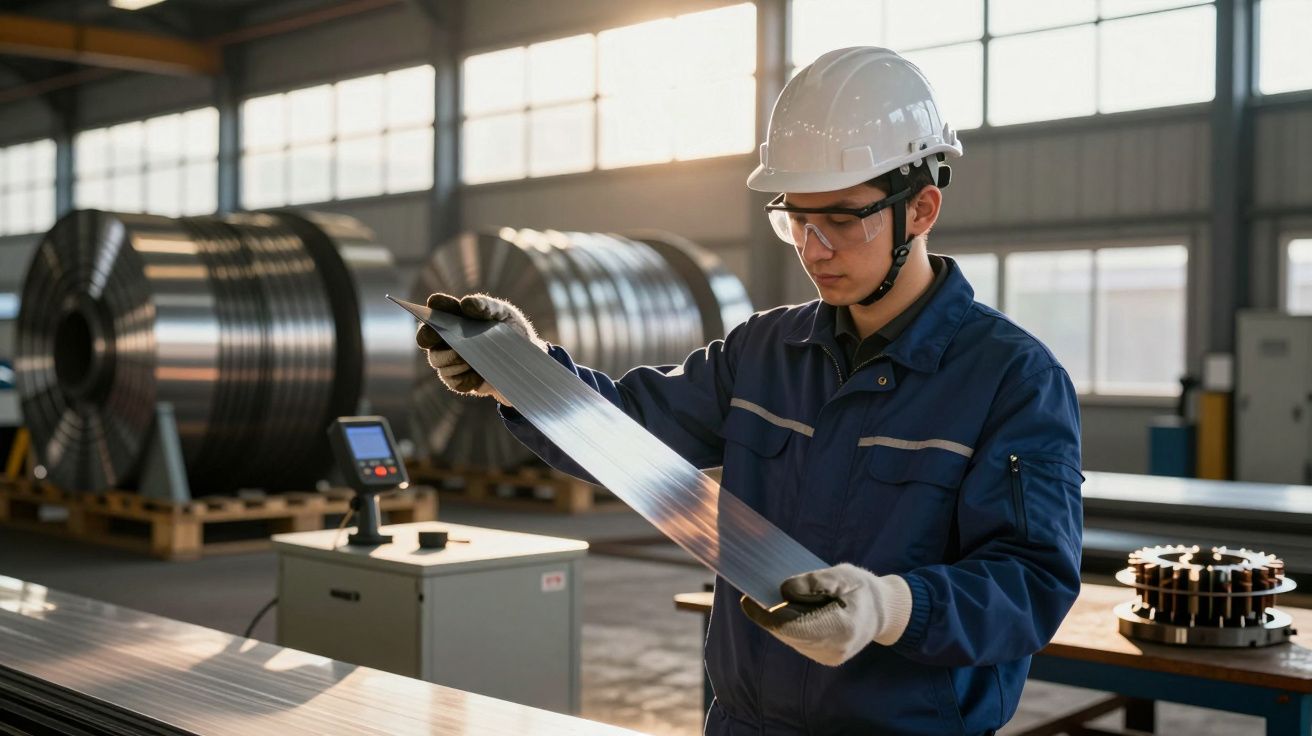 Muncitor în fabrică inspectează o foaie de metal, purtând cască de protecție și ochelari, în fundal bobine metalice.