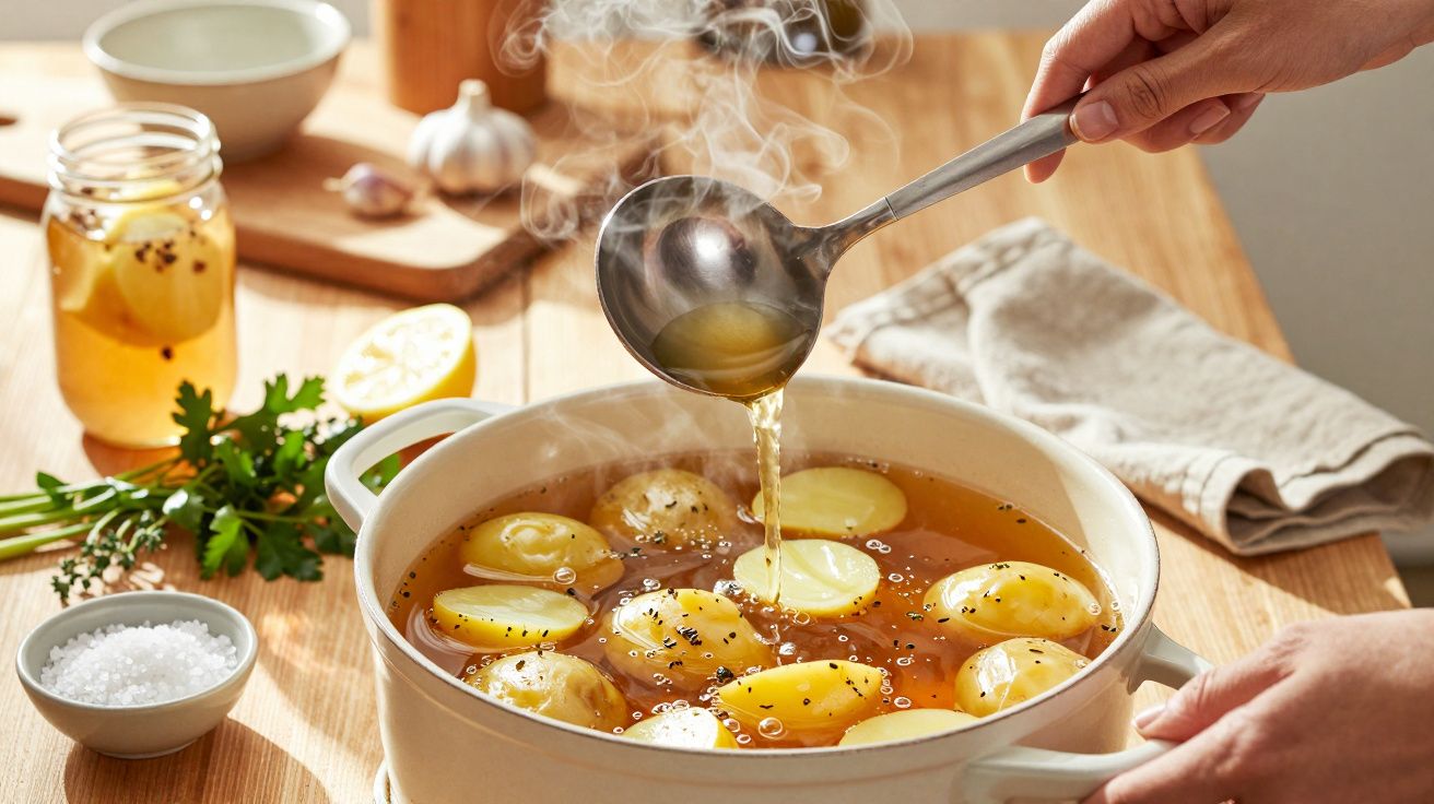 Persoană toarnă supă caldă cu cartofi dintr-o oală albă; alături sunt condimente și lămâie pe masă.