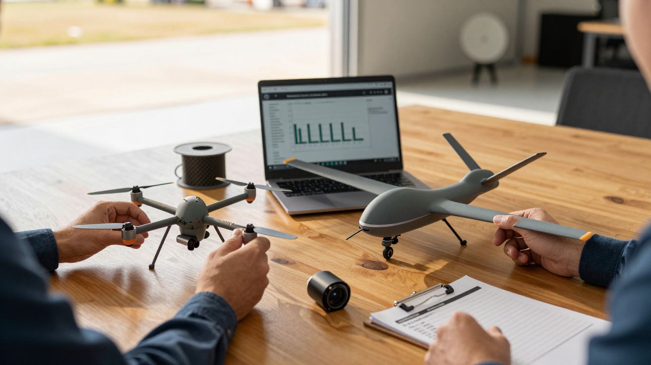 Două persoane la o masă, analizând modele de drone; laptop cu grafice în fundal.