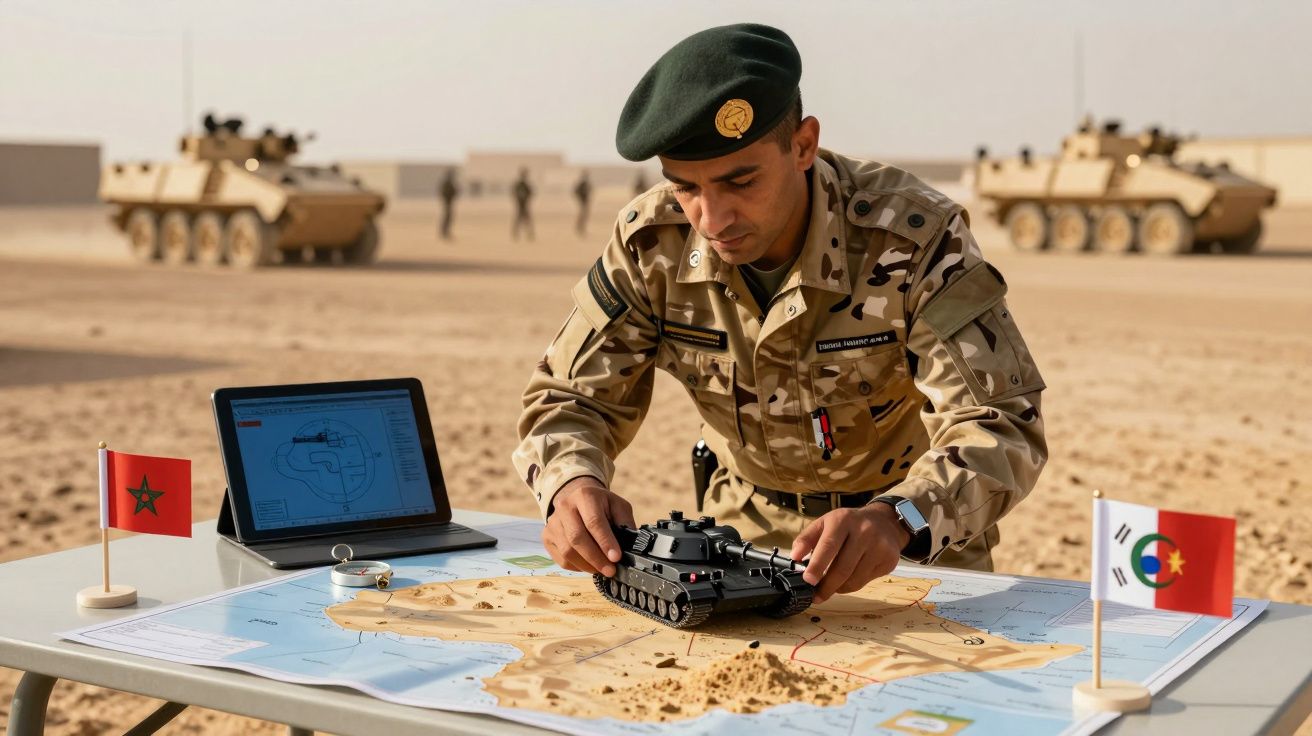 Ofițer militar analizează o hartă și un model de tanc în deșert, cu vehicule blindate în fundal.
