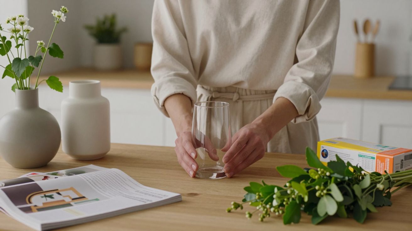 Persoană în bucătărie punând un pahar pe masă, înconjurat de flori, o revistă și un pachet de carton.