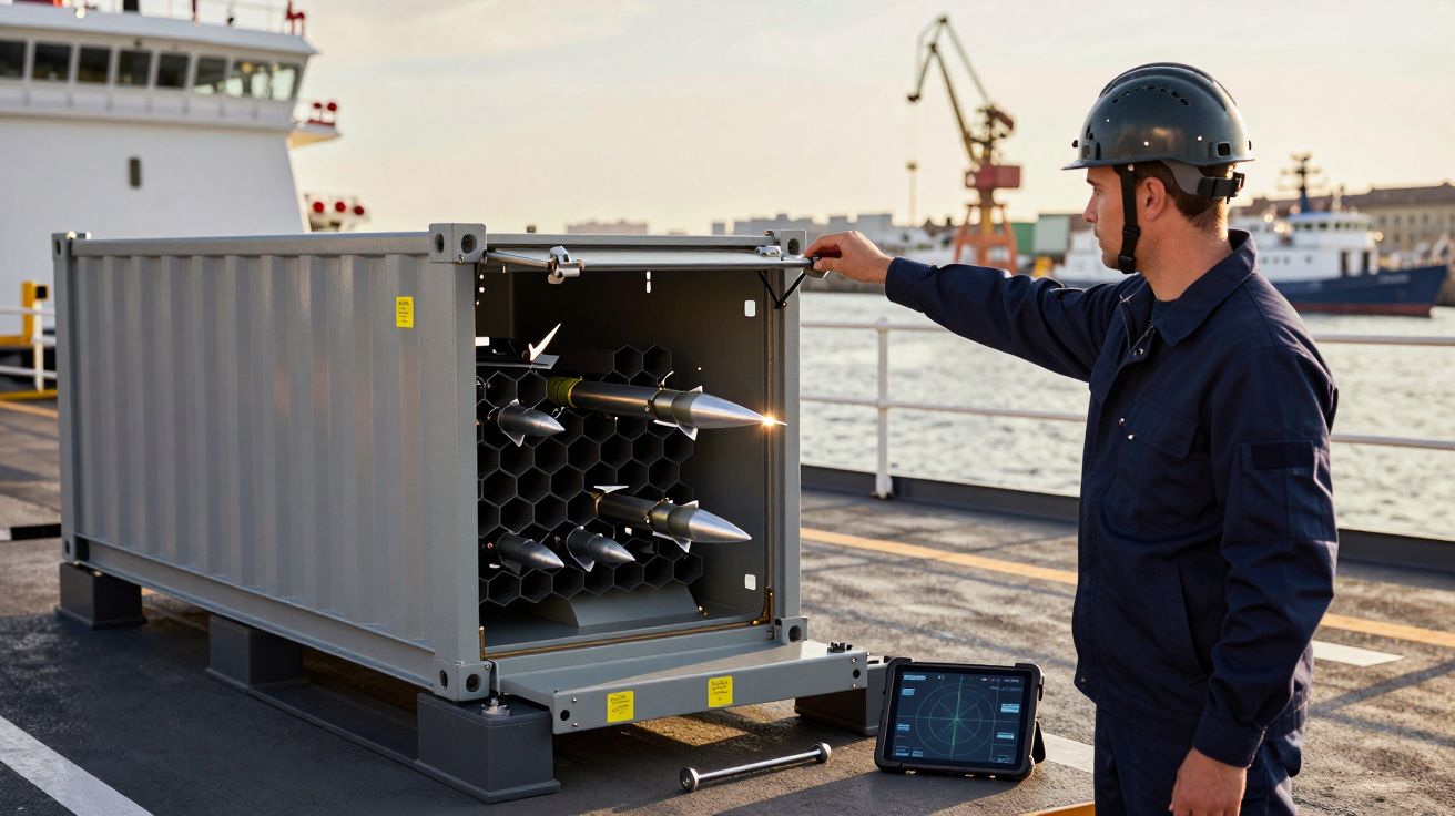 Bărbat în salopetă și cască, inspectează un container cu rachete pe un vapor, cu port în fundal.