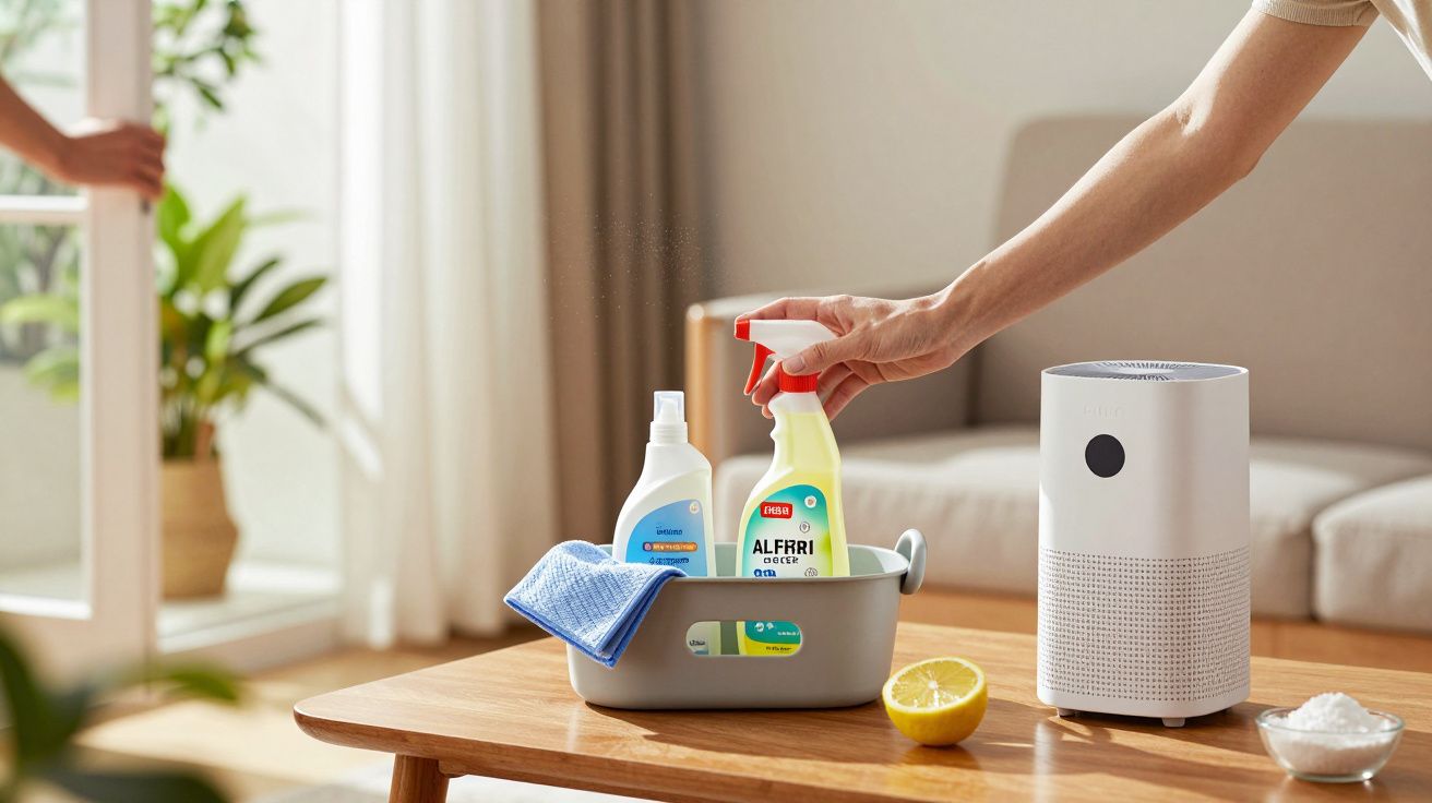 Persoană folosind un spray de curățenie pe masă din lemn, alături de un difuzor și lămâie tăiată pe jumătate.