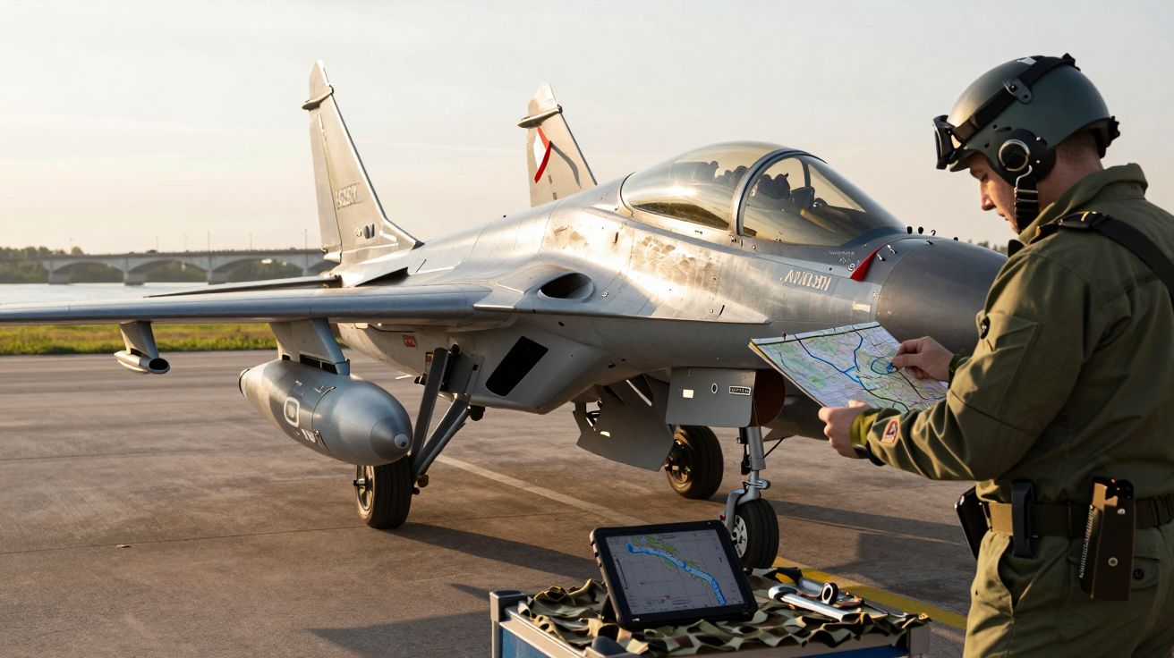 Pilot verificând o hartă lângă un avion de luptă pe pista de aterizare, cu o tabletă deschisă pe o masă.