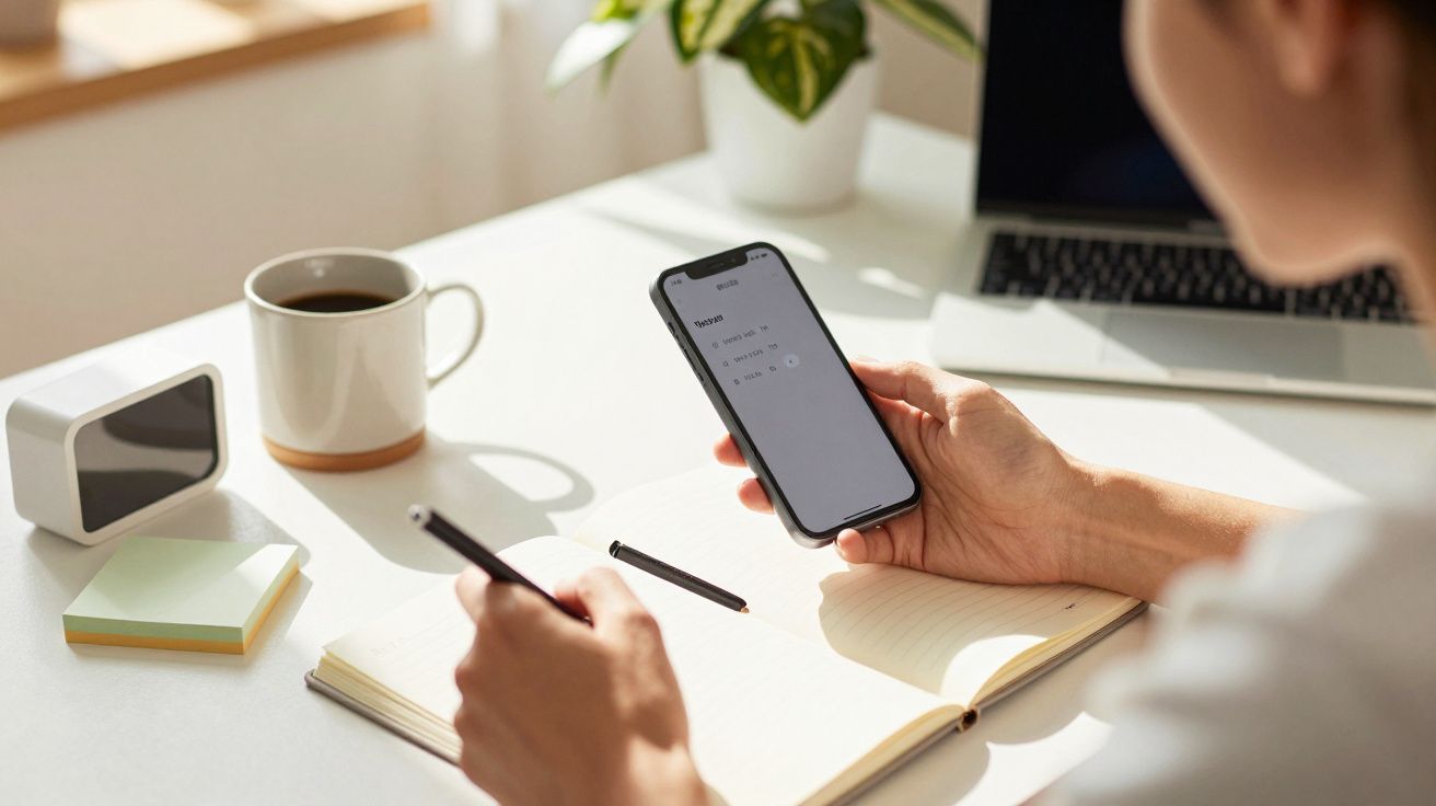 Persoană lucrează la birou, ținând un smartphone, notând în jurnal, alături de un laptop și o cafea.