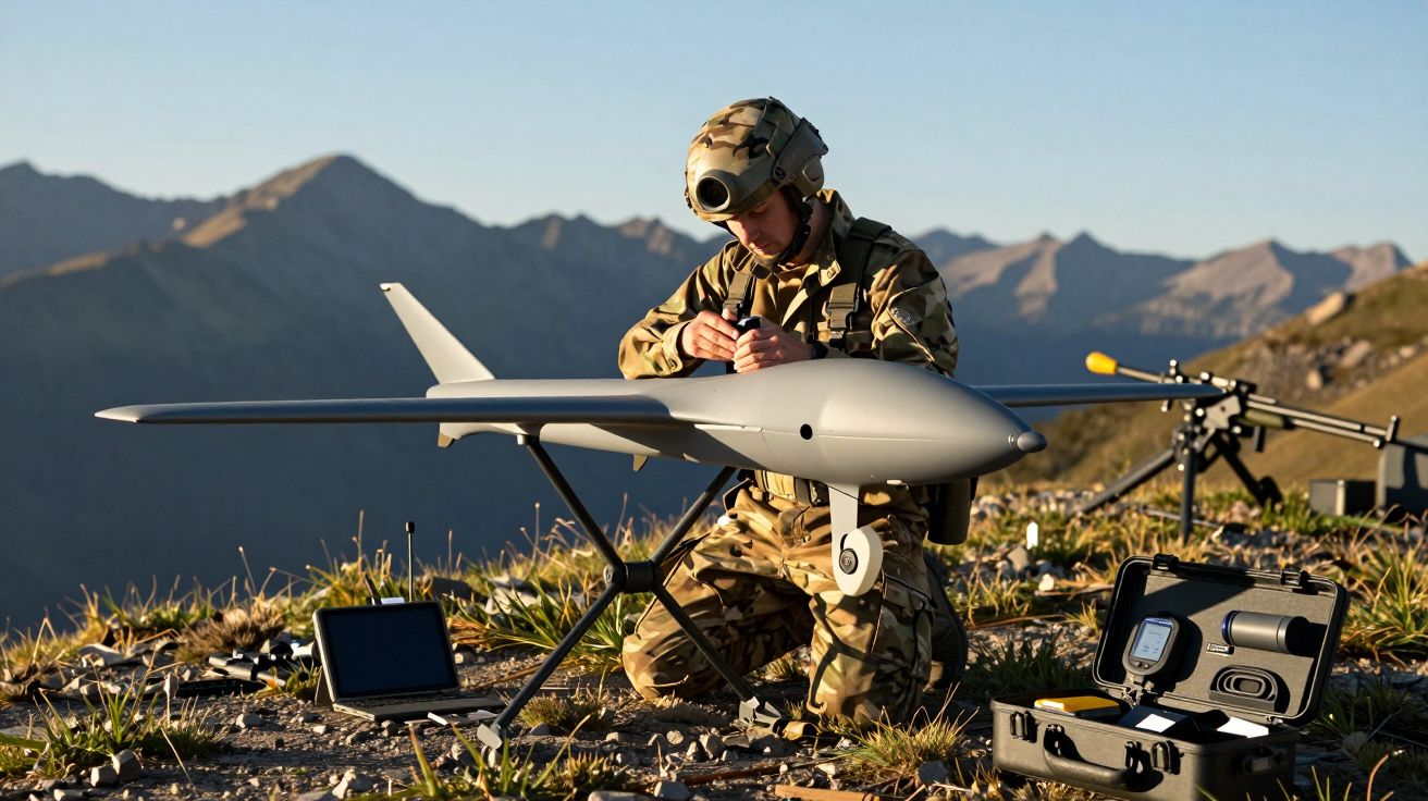 Soldat în uniformă camuflată ajustează un dron militar în munți, cu echipamente și laptop în jur.