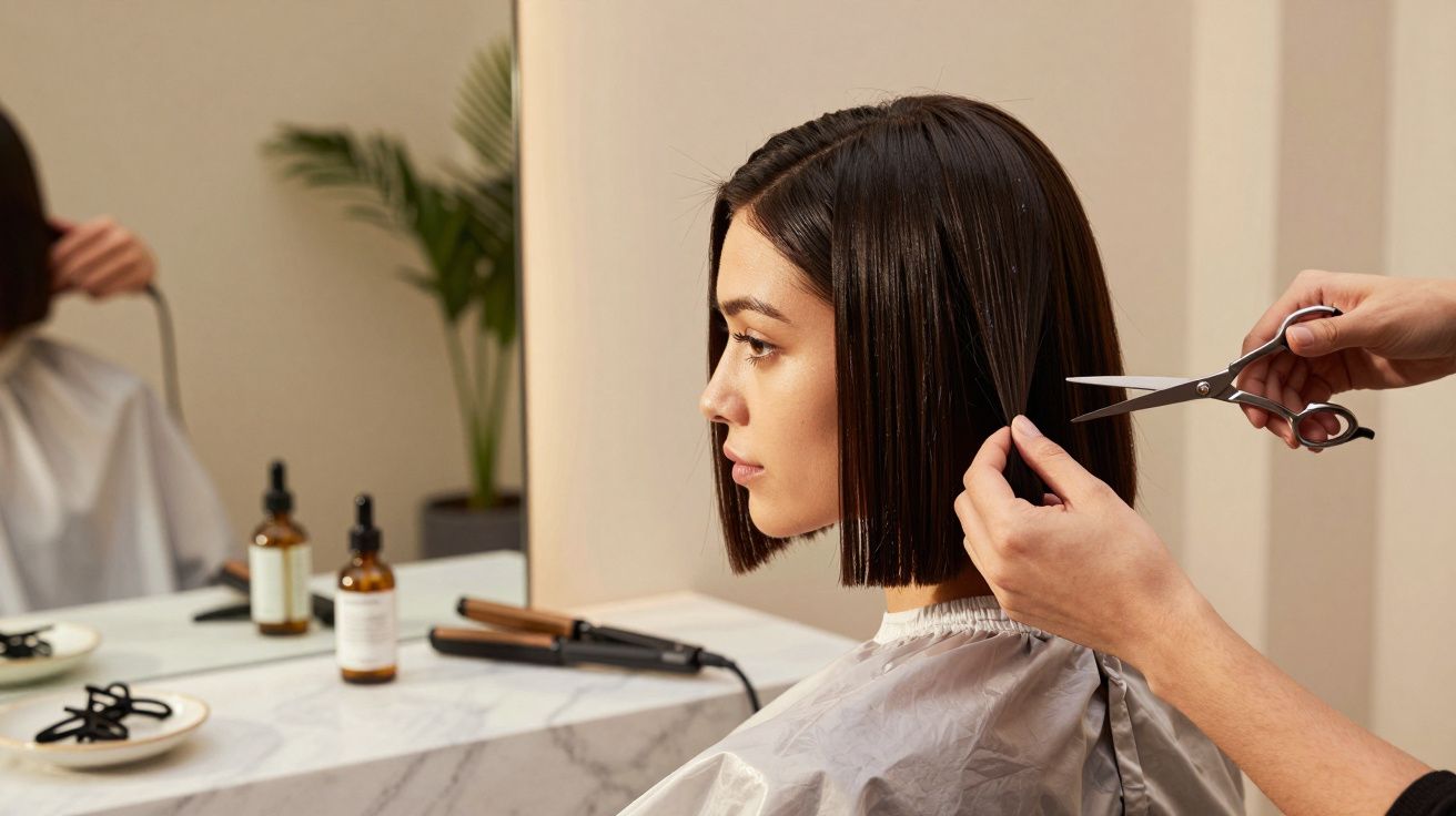 Femeie cu păr scurt tuns de stilist în salon, oglindă și produse de păr vizibile pe masă.