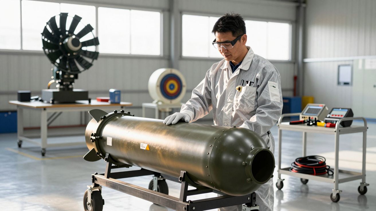 Persoană în halat alb inspectează un echipament cilindric într-un laborator industrial.