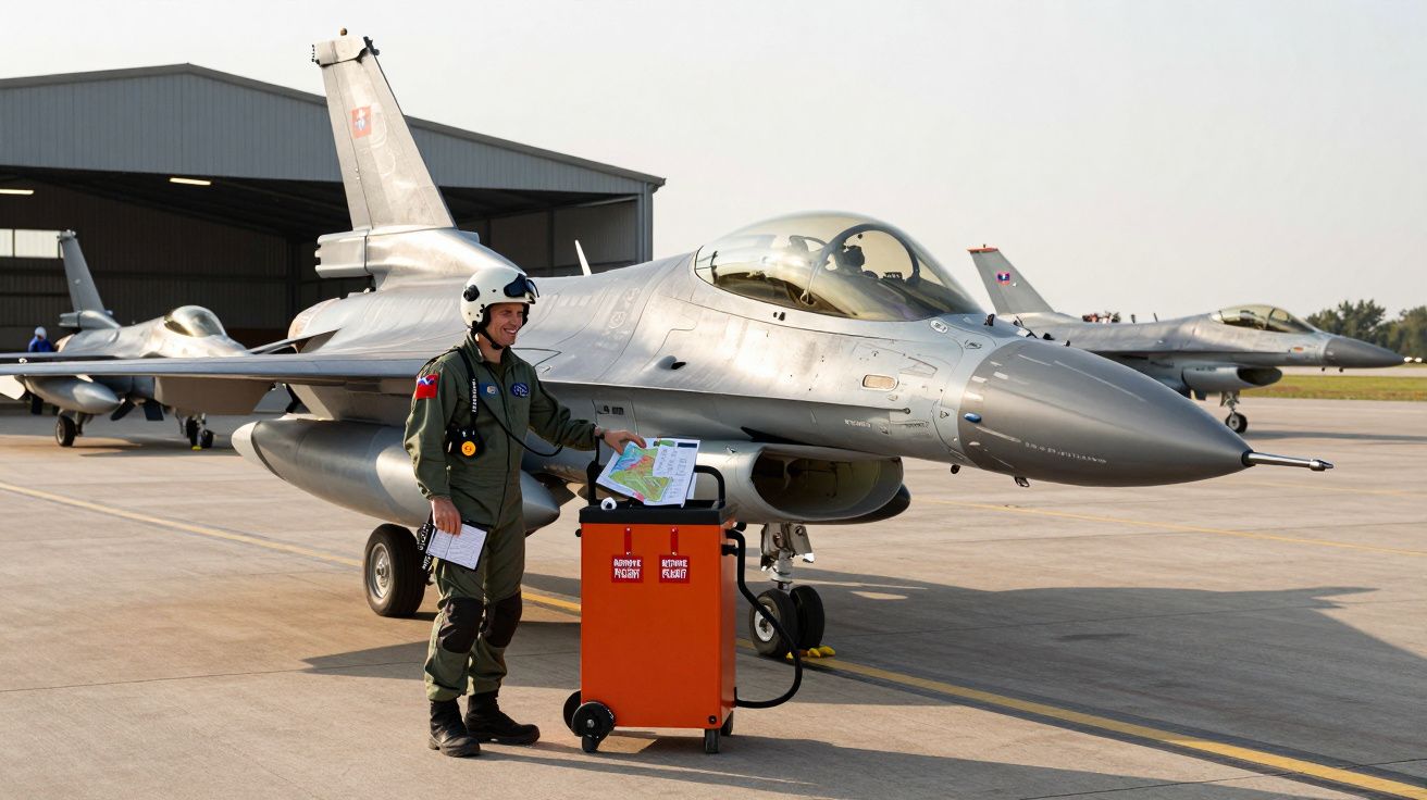 Pilot lângă un avion de luptă F-16 pe pistă, pregătindu-se pentru zbor, cu un hangar în fundal.