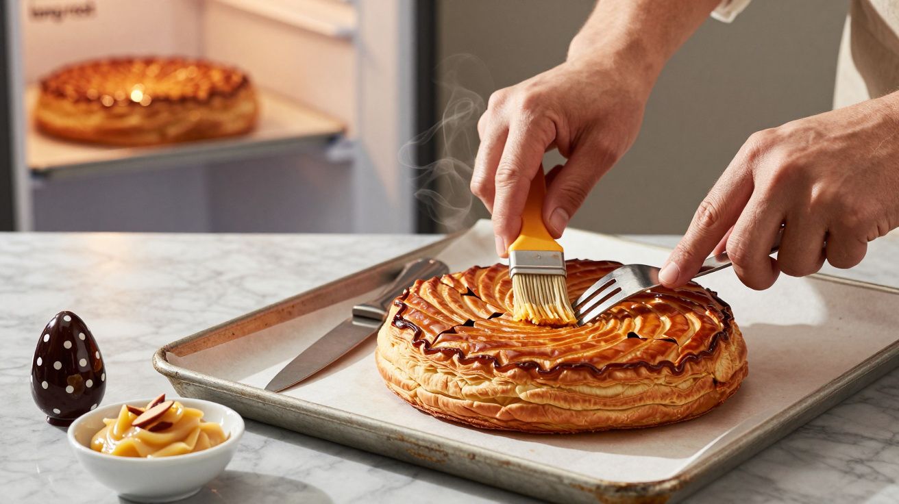 Persoană unge o plăcintă cu un penson pe o tavă, lângă un cuțit și un vas cu caramel; altă plăcintă în frigider.