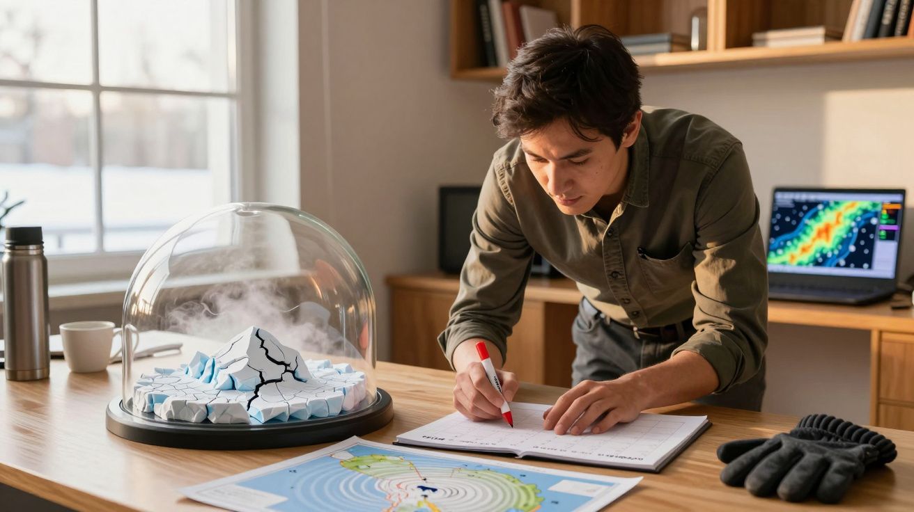 Bărbat lucrând la birou cu o hartă meteorologică, bol de sticlă cu gheață, laptop iar în fundal se vede o fereastră.