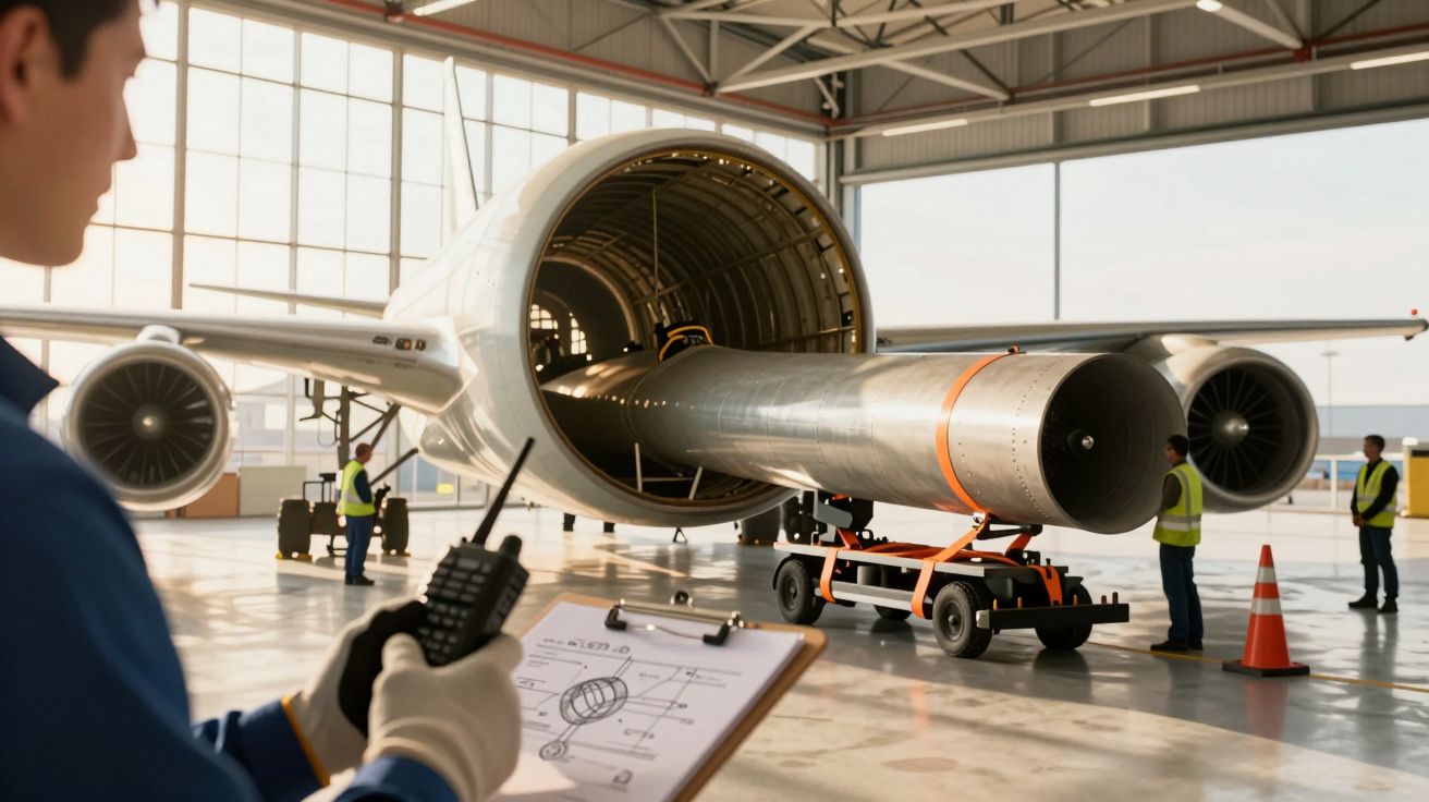 Lucrători în hangar încărcând un fuselaj de avion pe un camion, cu un inginer monitorizând procesul.