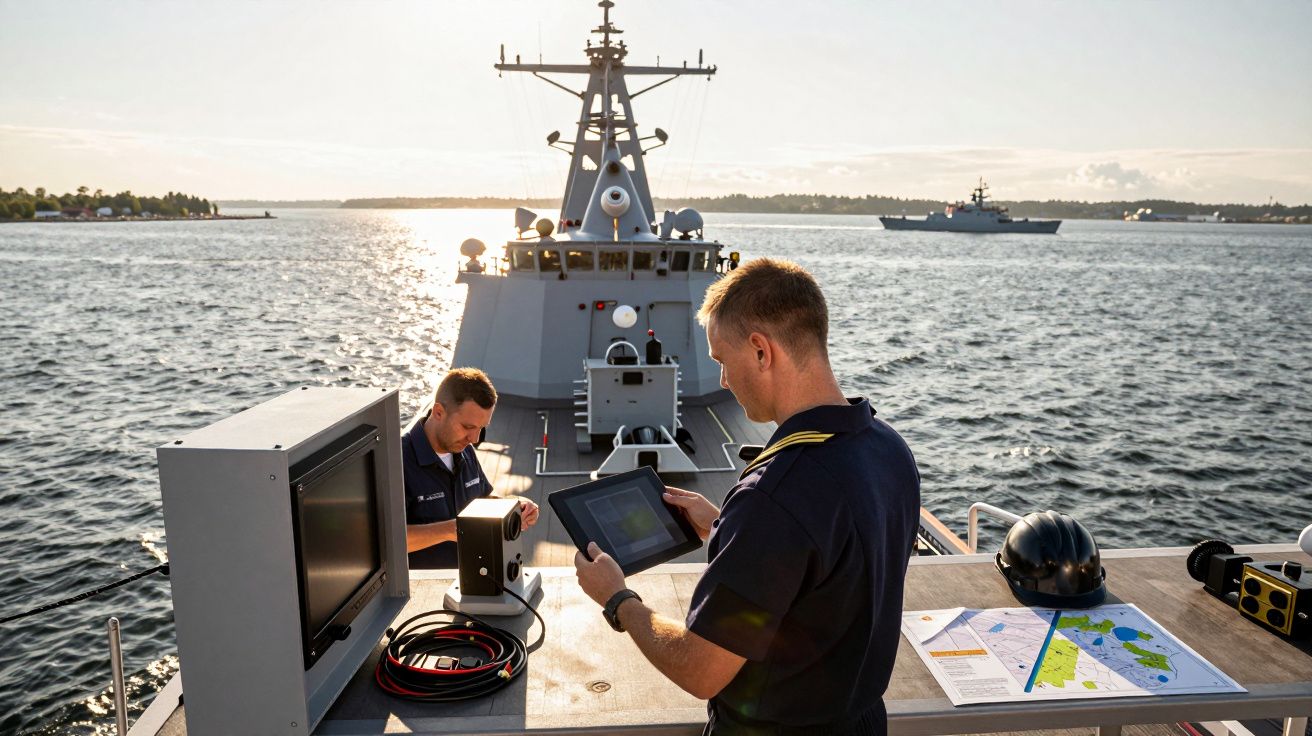 Doi marinari pe puntea unei nave cu echipamente electronice navighează lângă țărm, în timpul apusului.