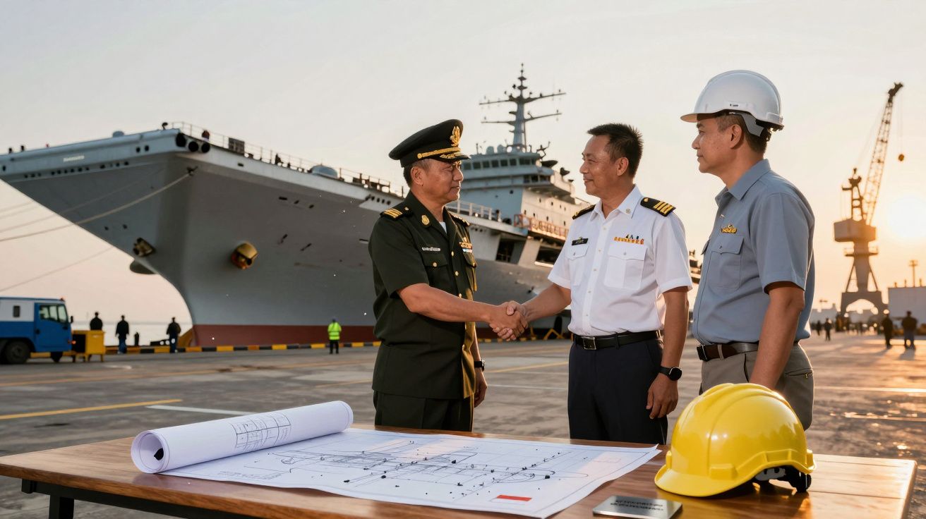 Trei ofițeri discută și dau mâna în fața unui portavion, cu cască și planuri pe o masă, la apus.