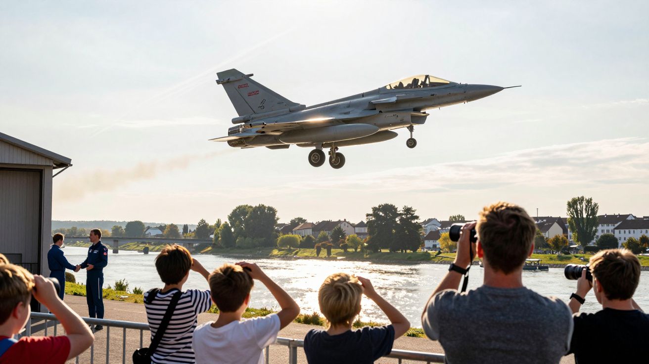 Avion de luptă zboară deasupra unui râu, în timp ce oameni privesc și fotografiază.