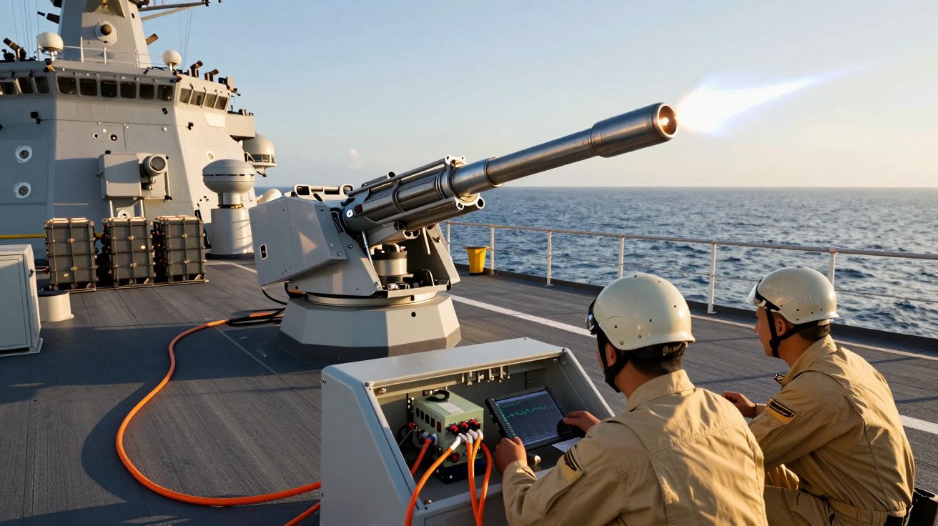 Doi soldați operează un sistem de armament pe o navă de război, cu un tun trăgând spre mare.