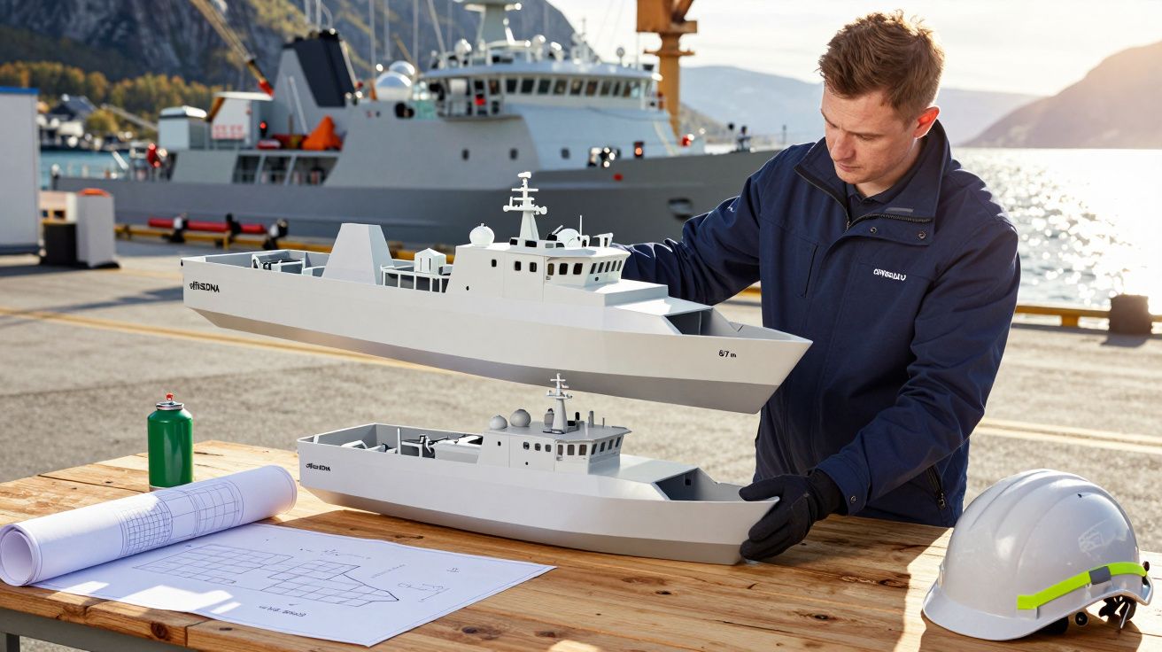 Un bărbat examinează machete de nave pe un chei, cu o navă mare în fundal și planuri pe masă.