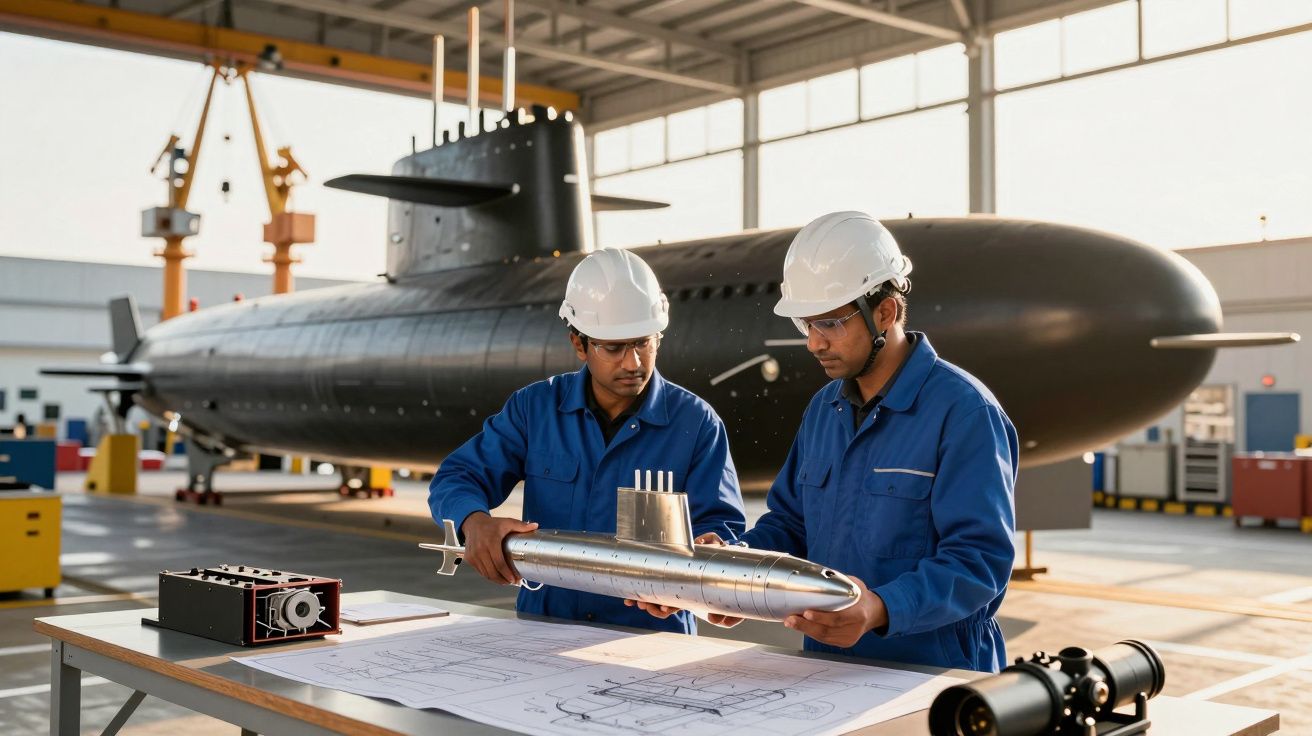 Doi ingineri discutând un model de submarin pe o masă cu schițe, într-un hangar cu submarin în fundal.