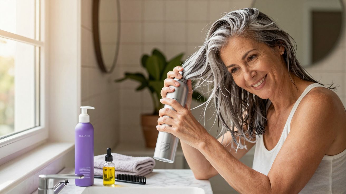 Femeie cu păr grizonat, zâmbitoare, aplică spray pentru păr în baie, lângă fereastră.
