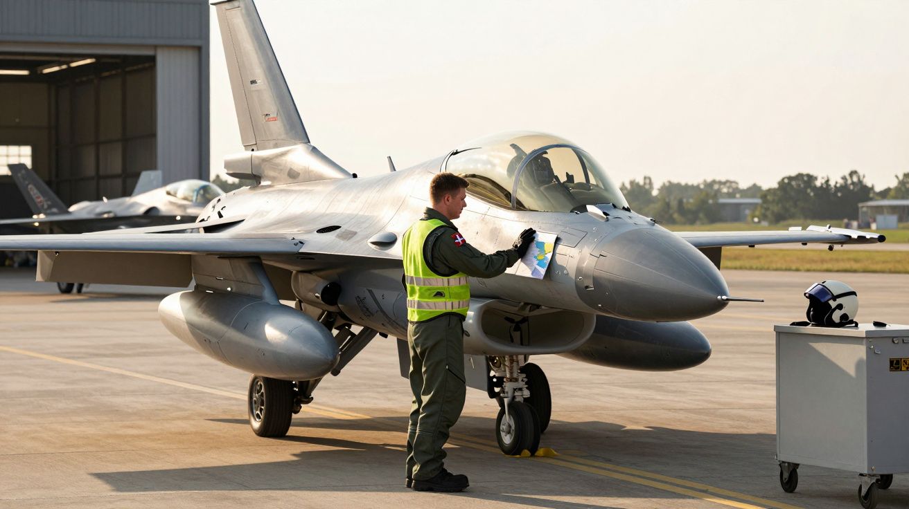 Pilot verificând un avion de luptă pe pistă, lângă un hangar, în lumina de dimineață.