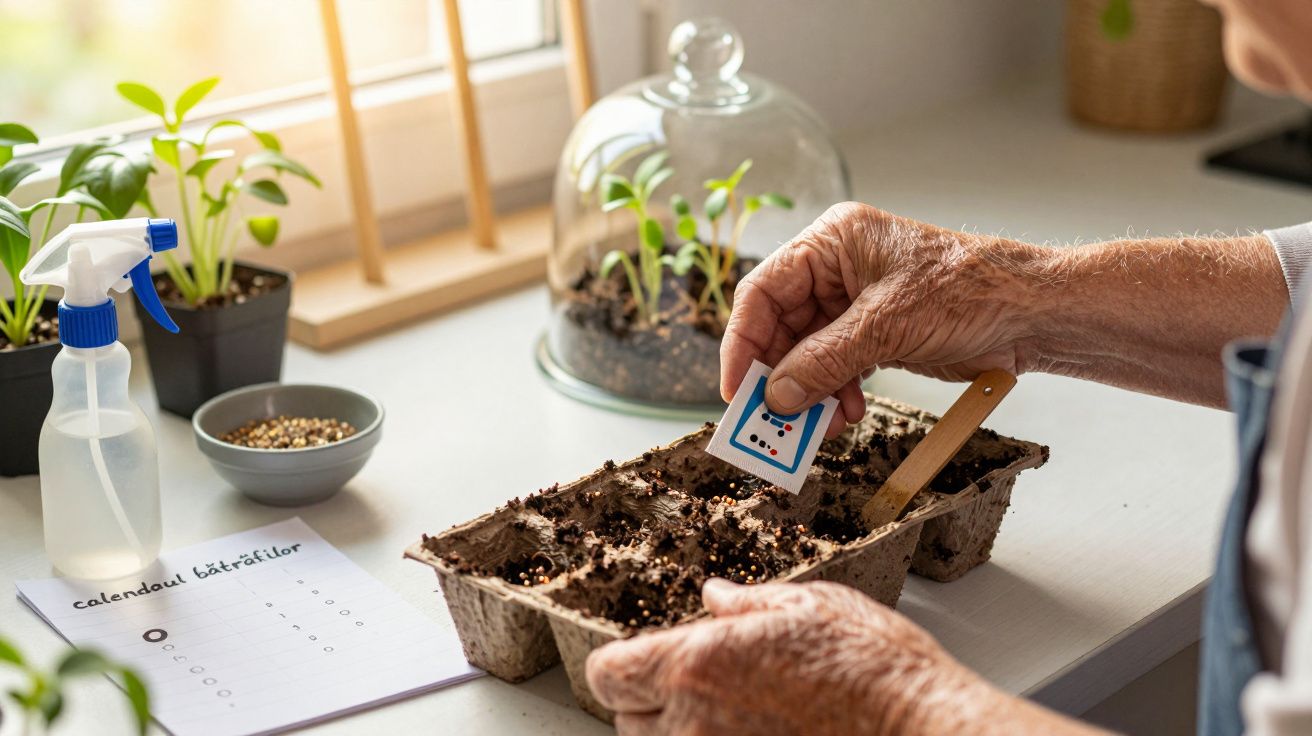 Bunica plantează semințe în tăvițe de răsad, lângă fereastră, cu un recipient de pulverizare și un calendar de plantare.
