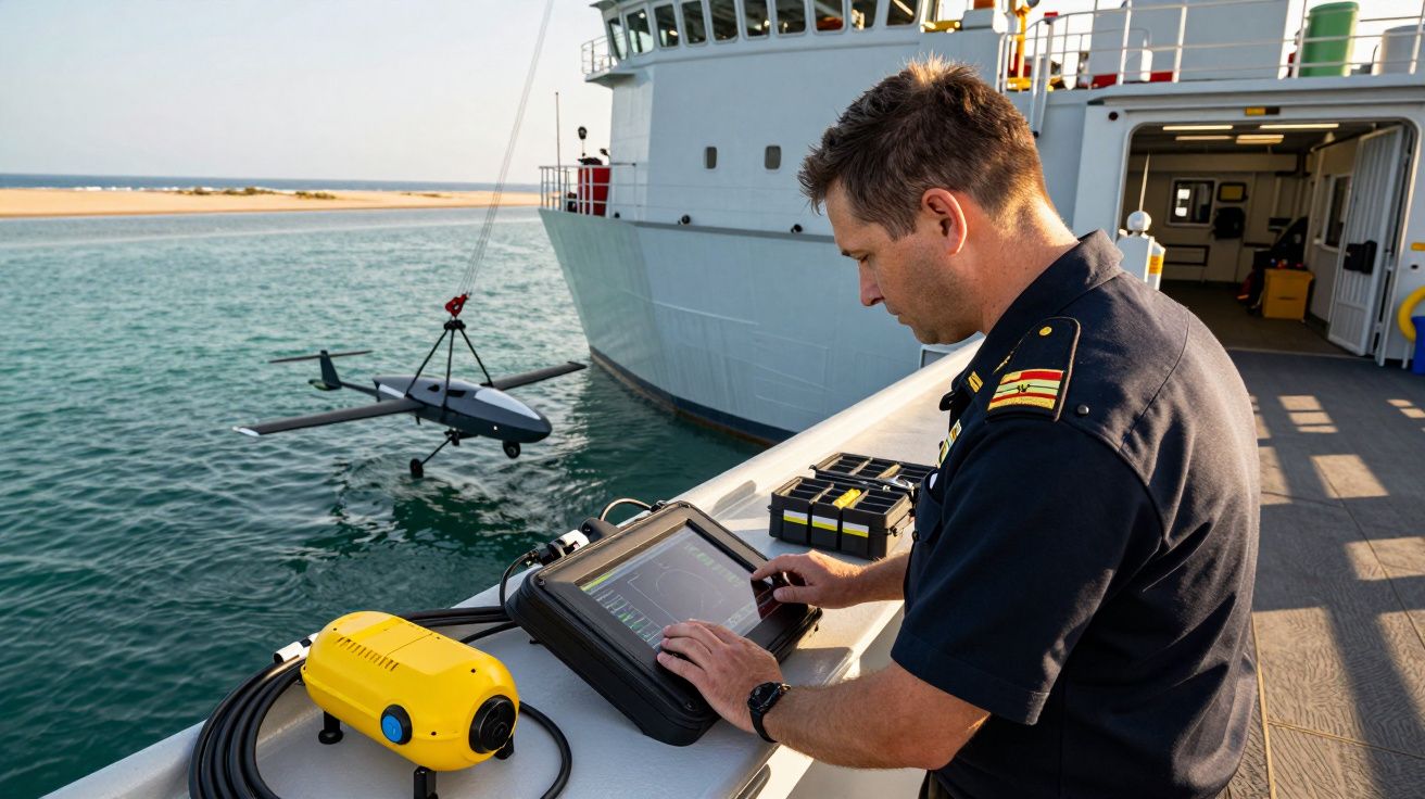 Sky: Cer senin pe mare, UAV controlat de un ofițer pe o navă militară, efectuează operațiuni maritime.