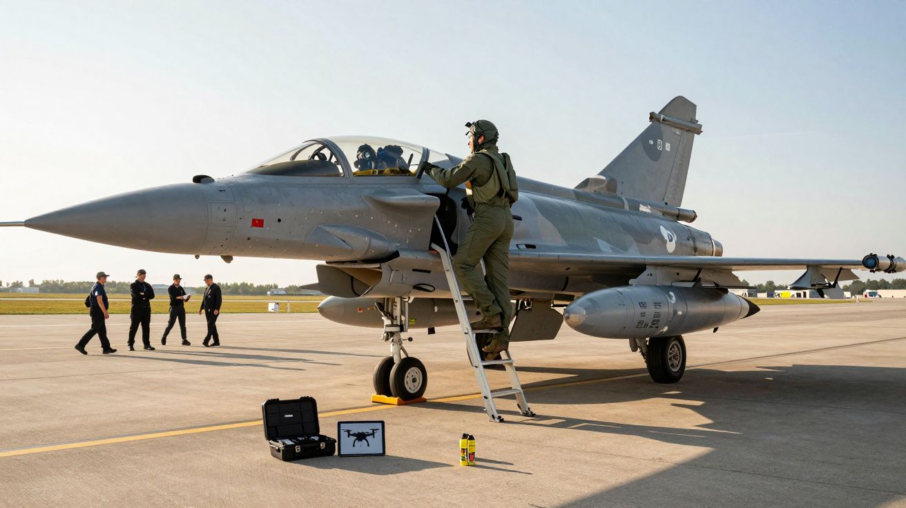 Pilot urcând în cabina unui avion de vânătoare pe pistă, cu tehnicieni în fundal.