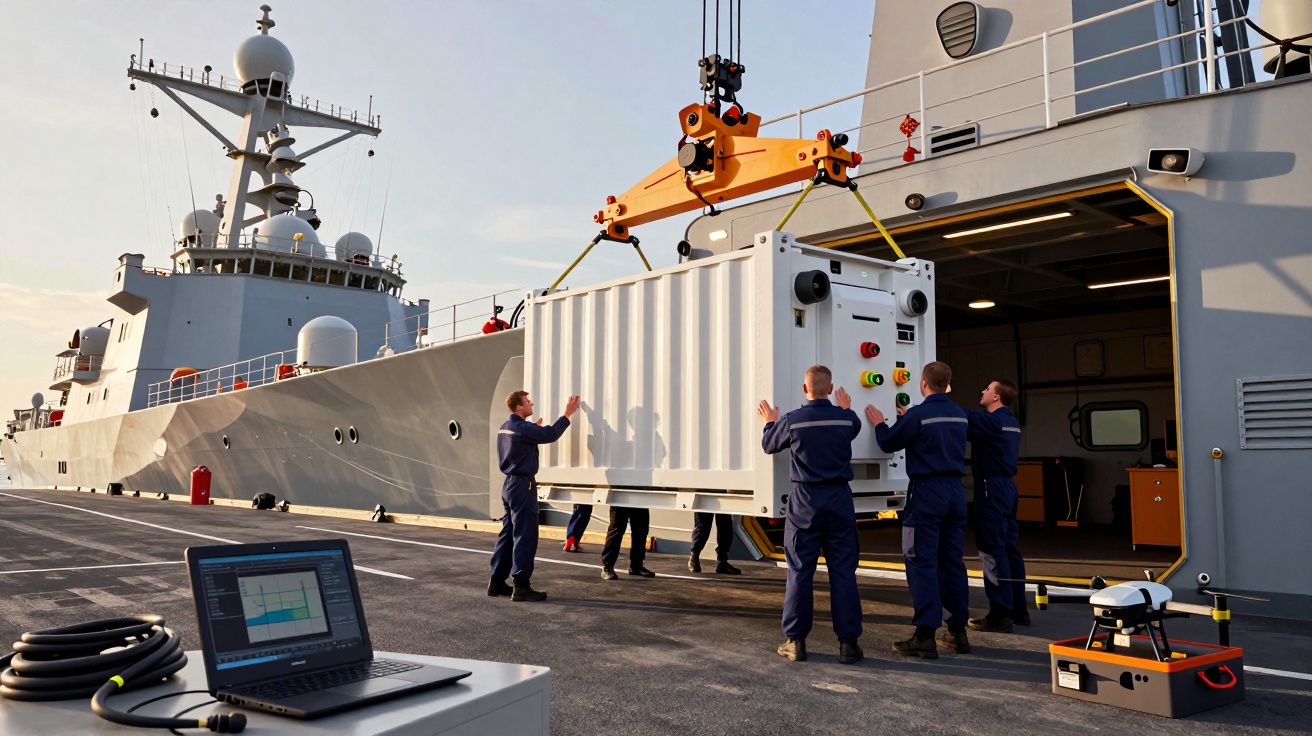 Marinari descarcă un container alb pe un vas militar folosind o macara, cu un laptop și echipament pe chei.