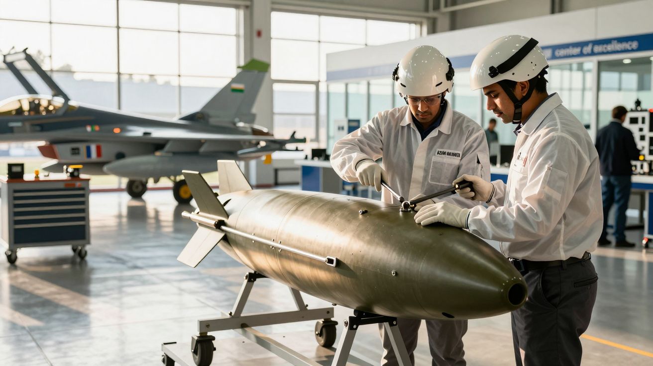 Două persoane inspectează un dispozitiv aerodinamic pe un stand, într-un hangar cu un avion militar în fundal.