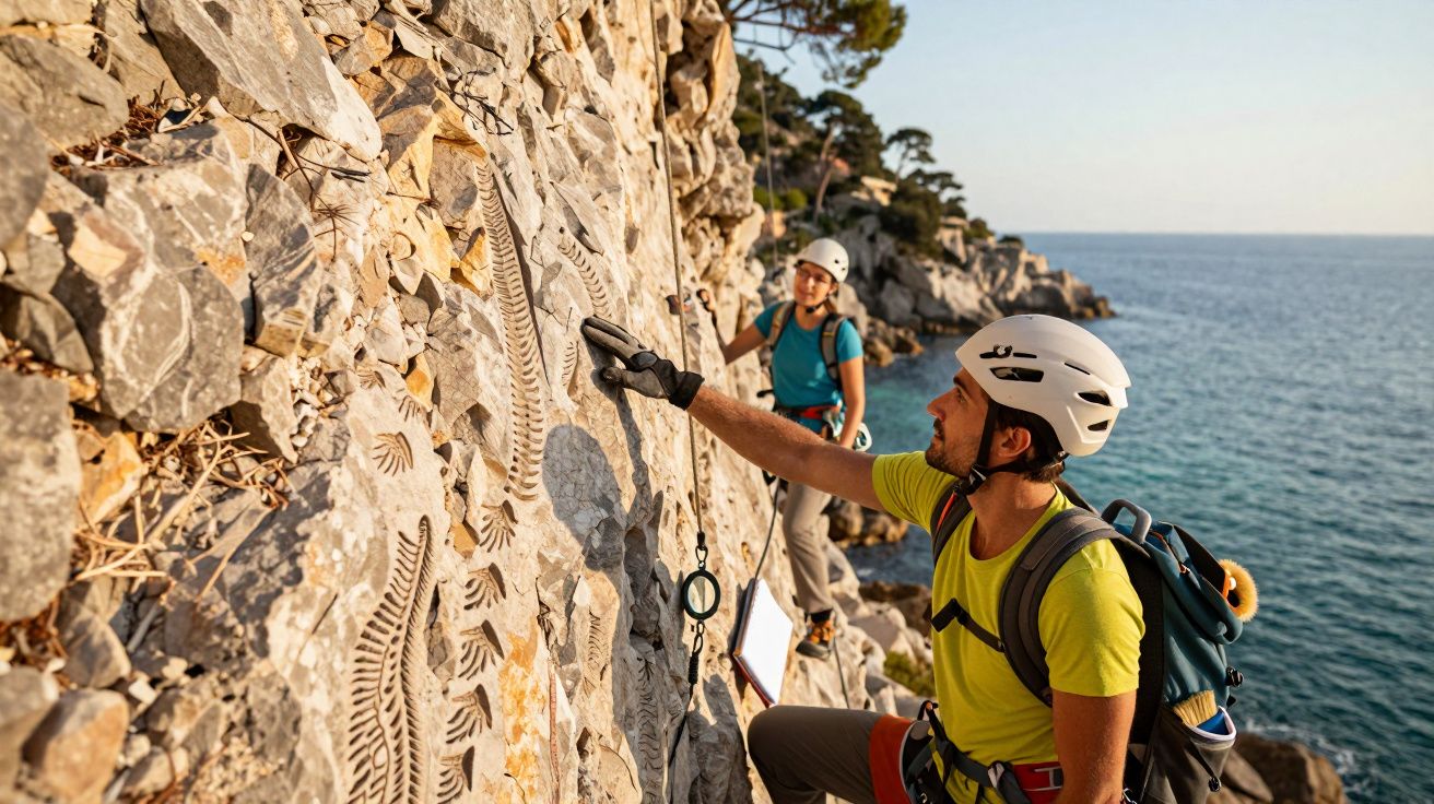 Doi alpiniști examinează fosile într-o stâncă pe litoral, purtând căști și echipament de alpinism.