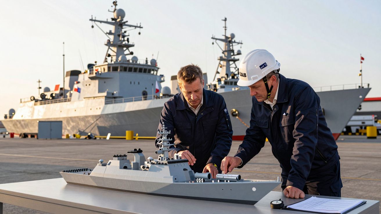 Doi bărbați analizează un model de navă militară pe un port, cu o navă reală pe fundal.