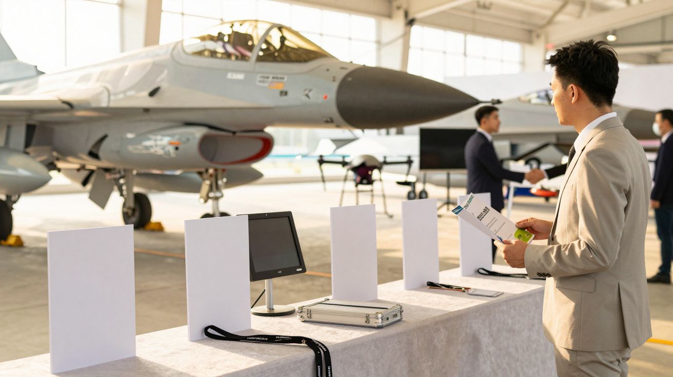 Bărbat în costum studiază un pliant lângă un avion de luptă expus într-un hangar modern.