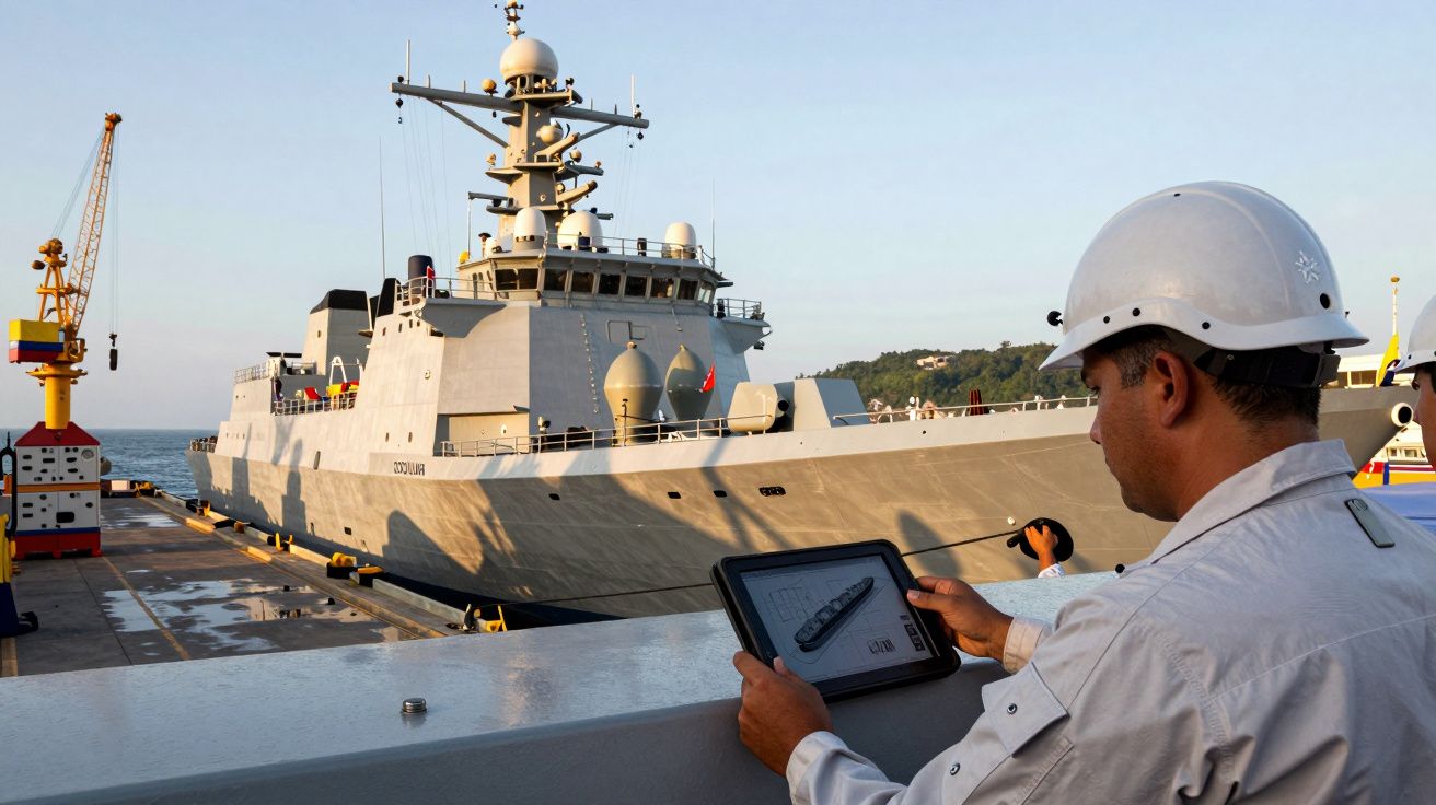 Bărbat cu cască albă folosind o tabletă, observând o navă militară mare acostată în port.