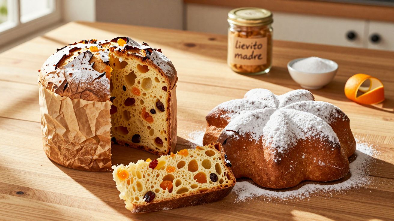 Panettone și cozonac cu zahăr pudră pe masă de lemn, alături de un borcan de maia și un bol cu zahăr.