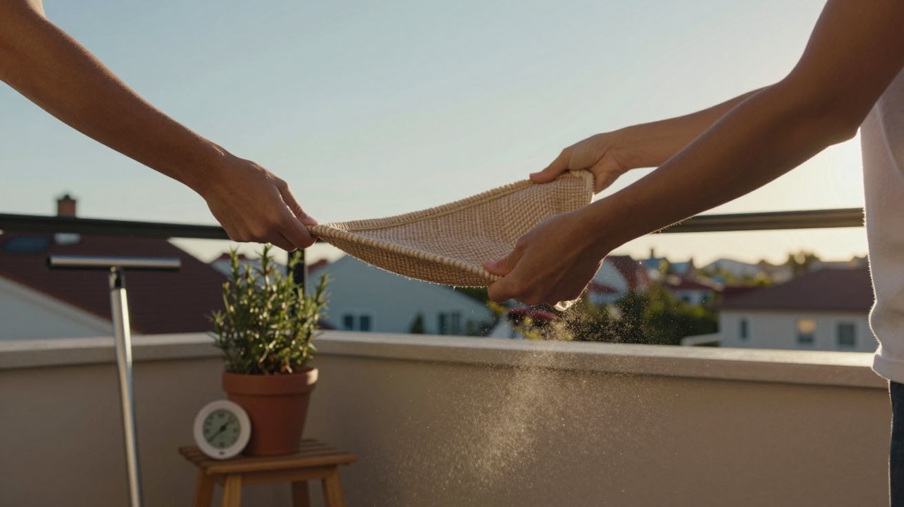 Două persoane scutură un covoraș pe un balcon, cu plante și case în fundal.