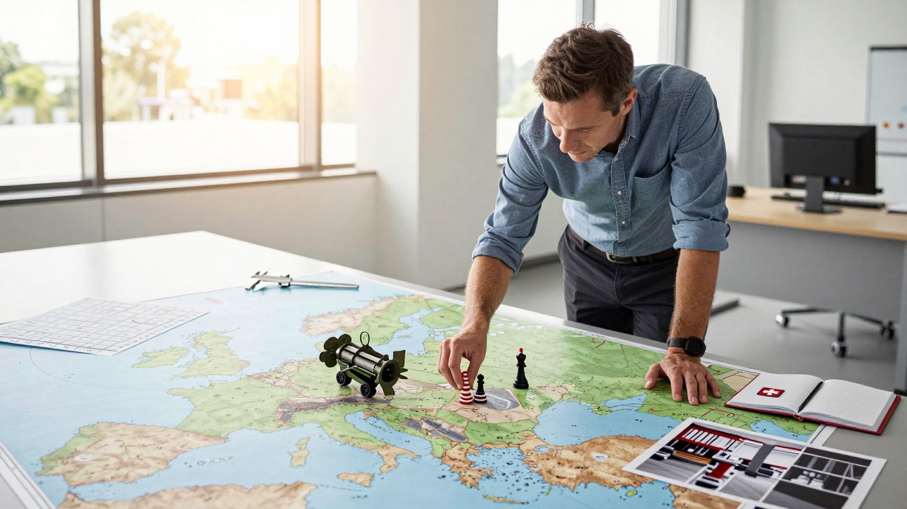 Bărbat analizând o hartă a Europei, cu piese de șah și un binoclu pe masă, în birou modern.