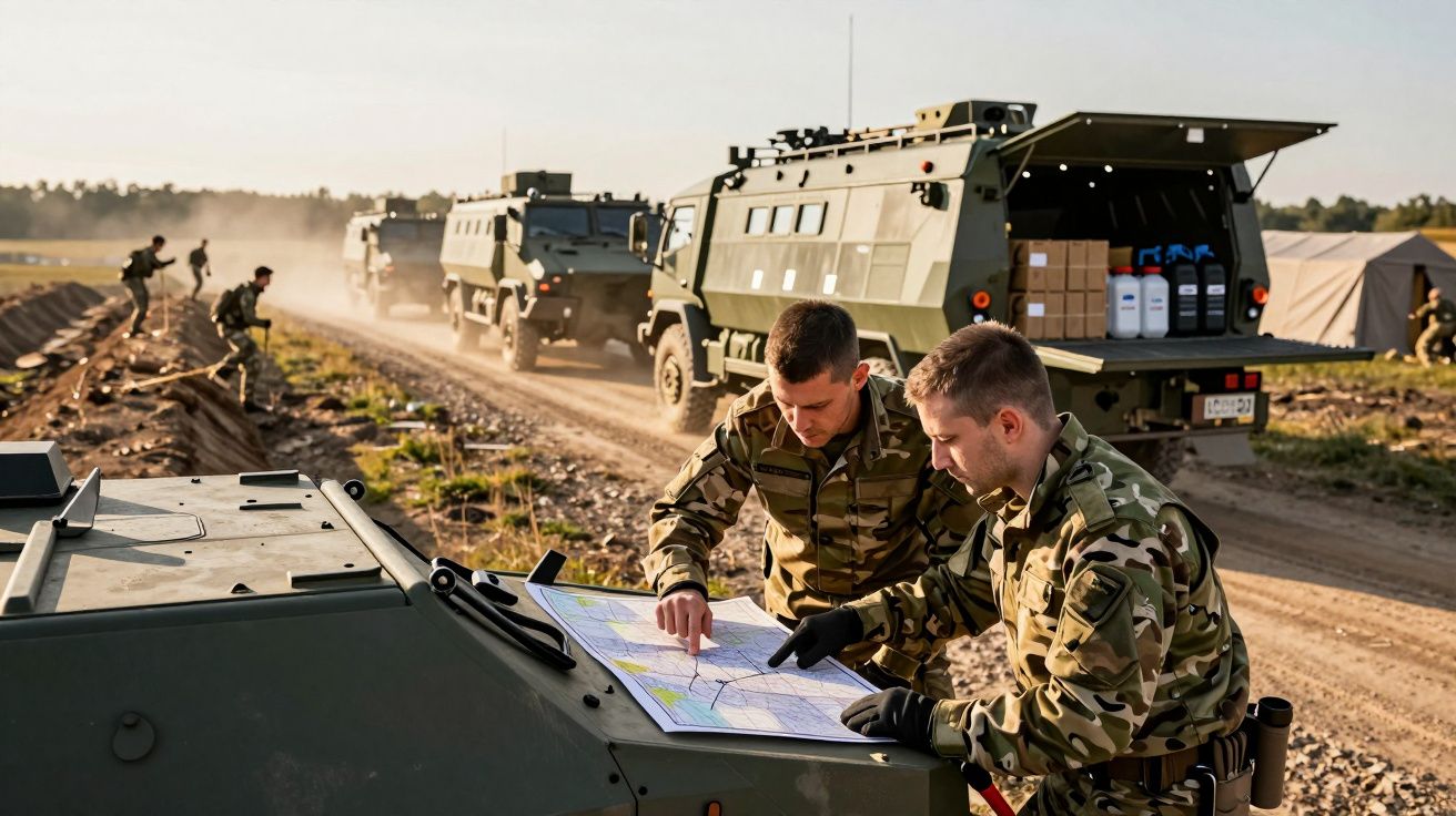 Soldați în uniforme camuflate consultă o hartă pe un vehicul militar, cu alte vehicule și corturi în fundal.