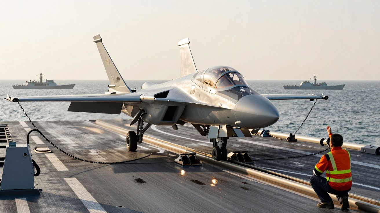 Avion de vânătoare pe un portavion, cu două nave militare pe fundal, la apus.