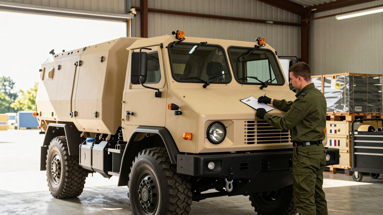 Bărbat în uniformă inspectând un vehicul militar robust într-un garaj industrial.