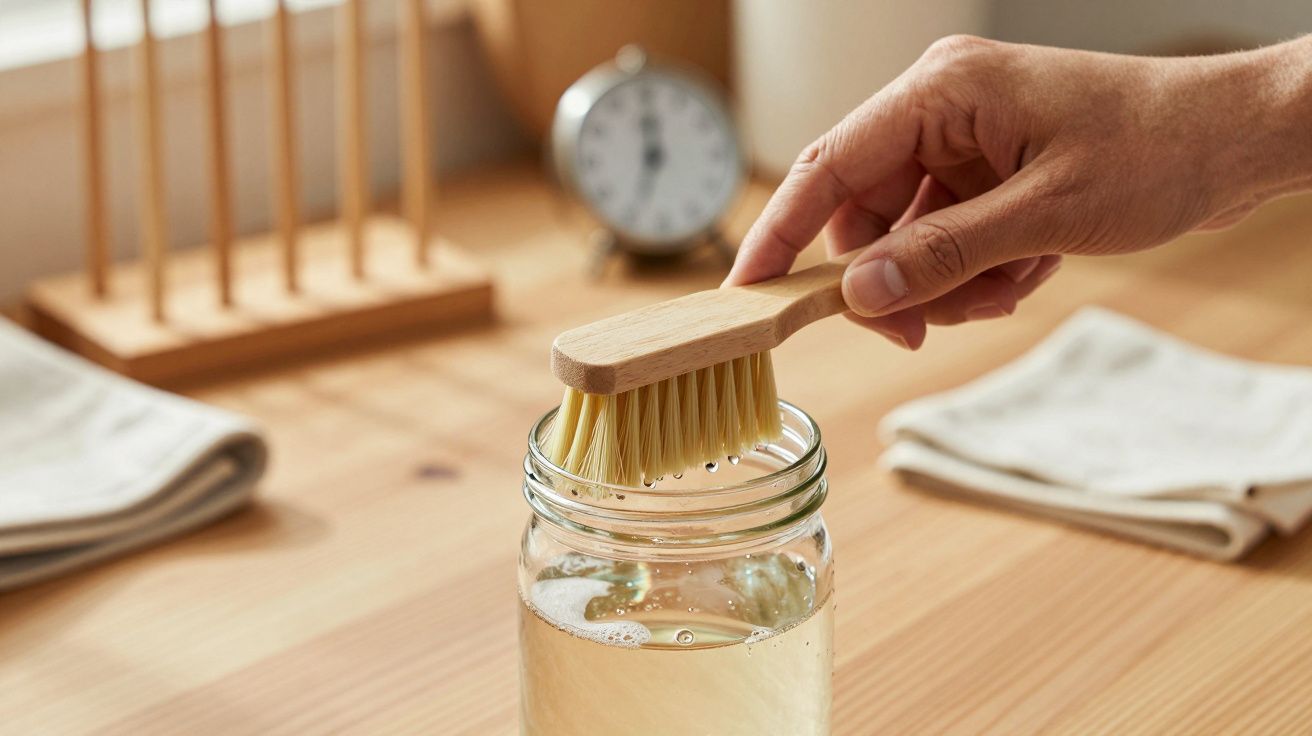 Mână ținând o perie de lemn deasupra unui borcan cu apă pe o masă de lemn, ceas în fundal.