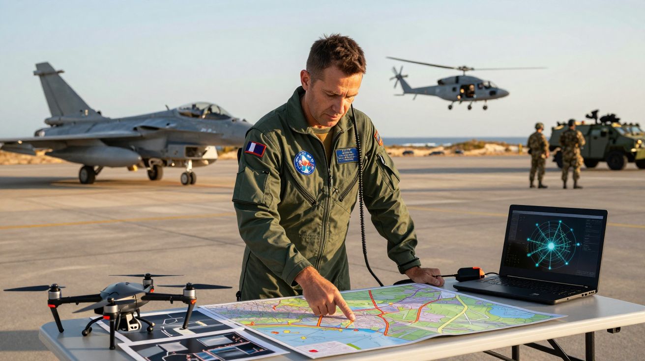 Pilot în uniformă analizează o hartă și un laptop pe o pistă, cu un avion și elicopter în fundal.