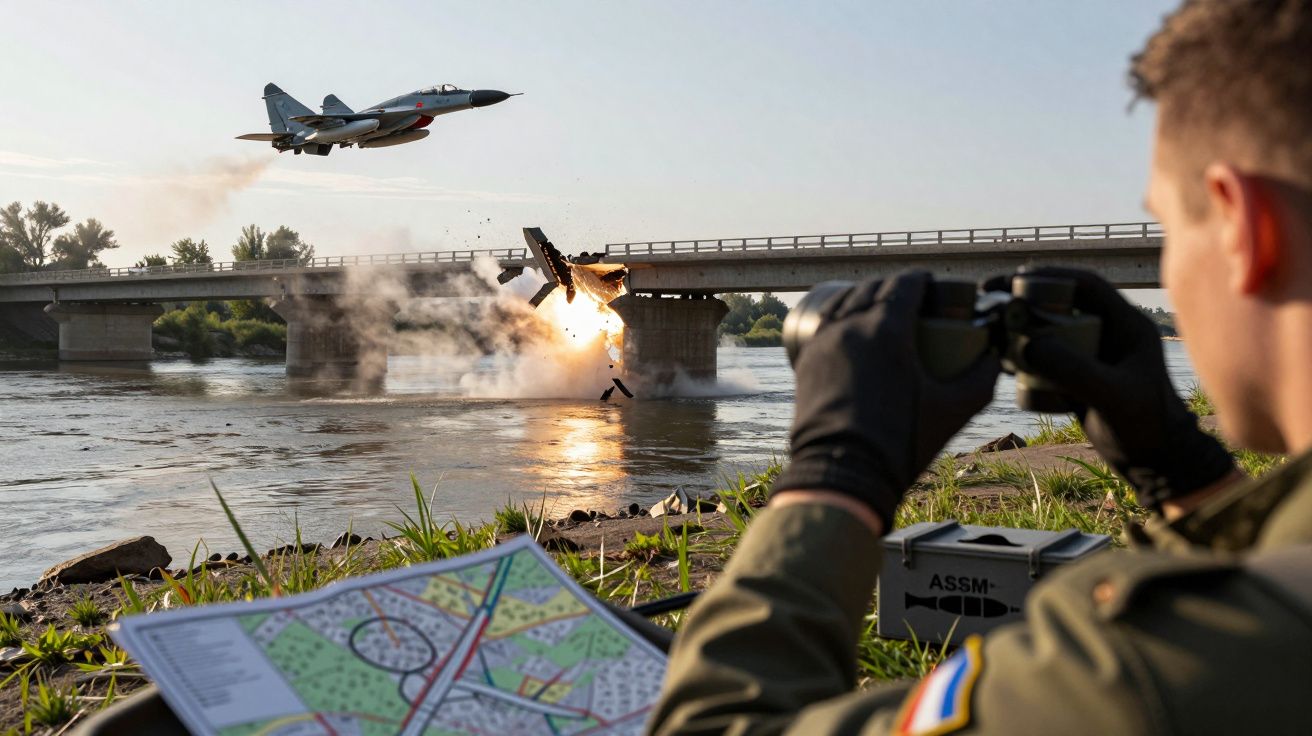 Avion militar distrugând un pod deasupra unui râu, soldat urmărind prin binoclu.