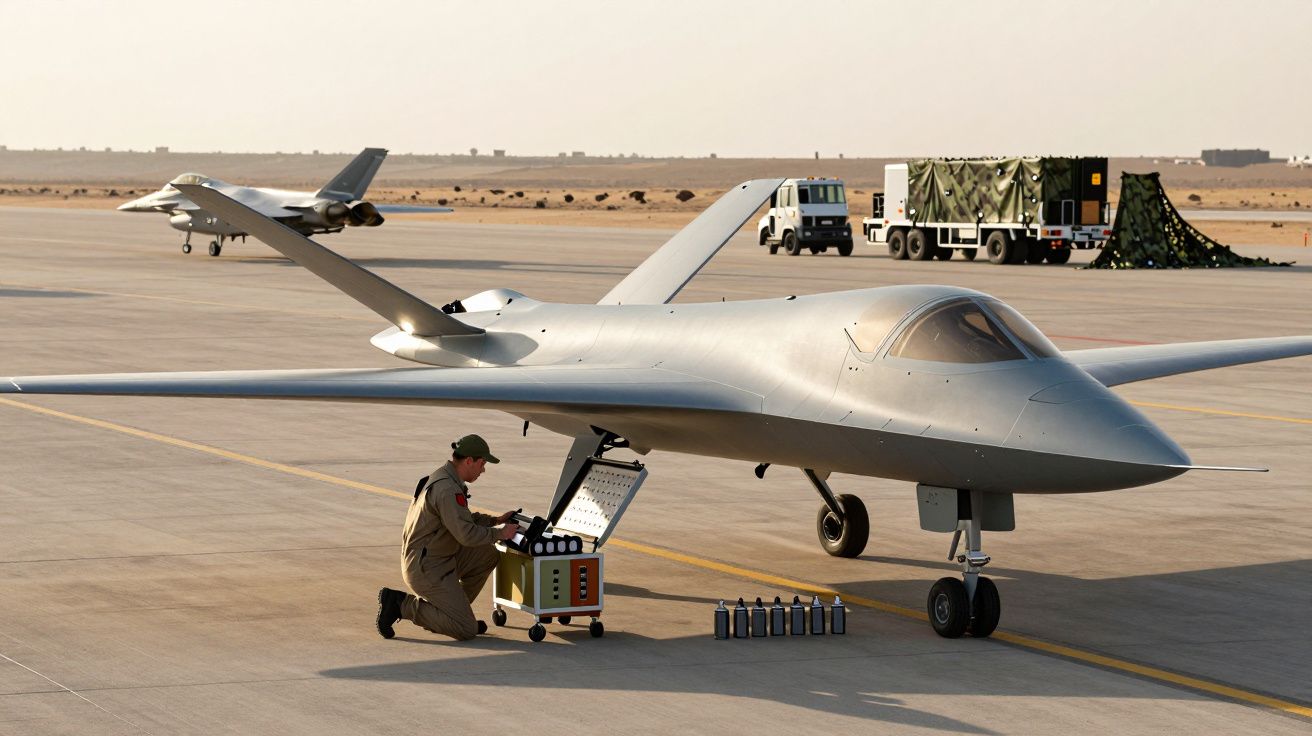 Un tehnician verifică un vehicul aerian fără pilot pe o pistă, cu un avion de luptă și echipamente în fundal.