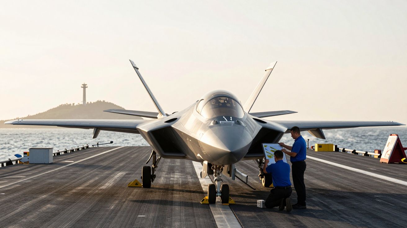 Avion de luptă pe un portavion, cu doi tehnicieni lucrând, far și mare în fundal.