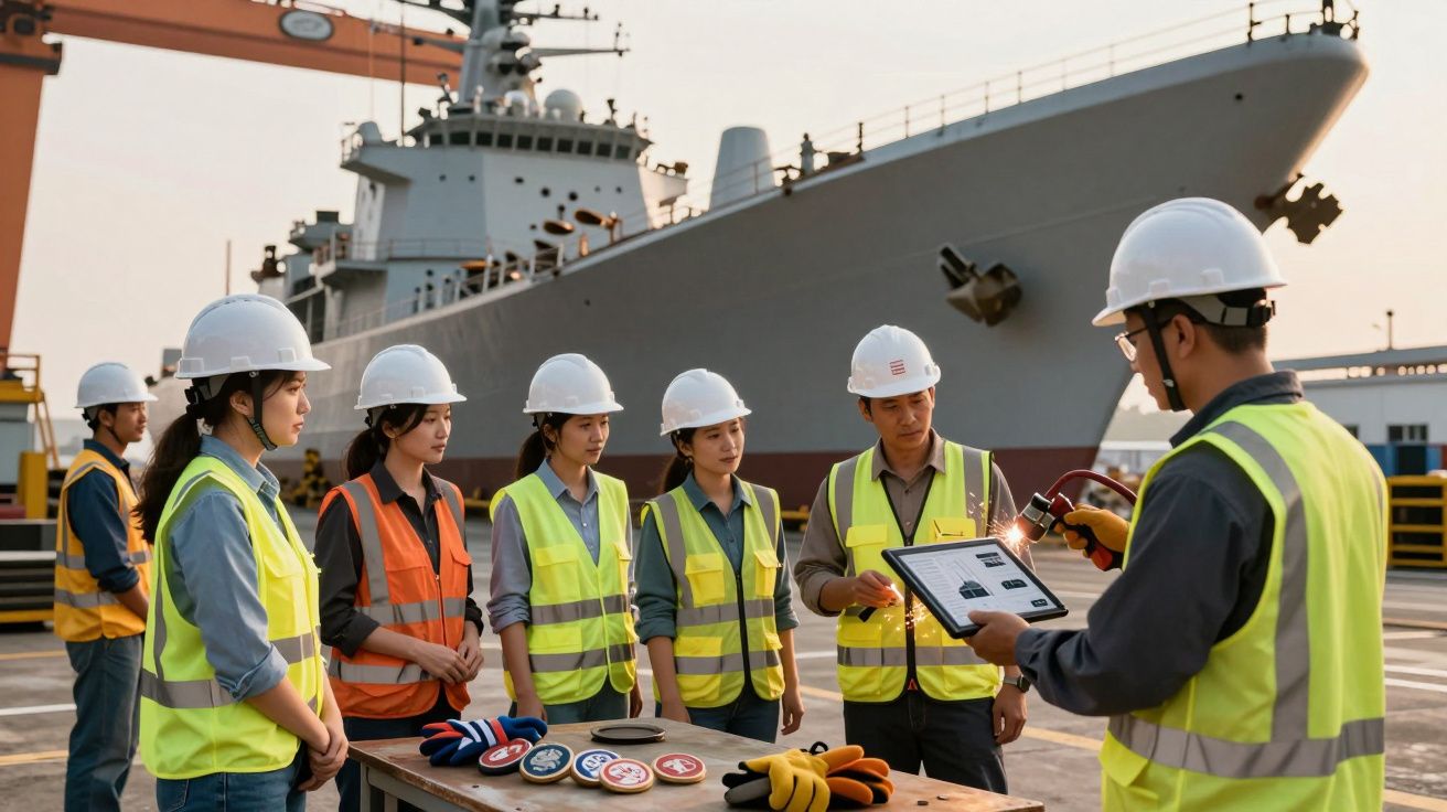 Șase muncitori în vestă reflectorizantă și căști discută lângă un vas mare în construcție, pe un șantier naval.